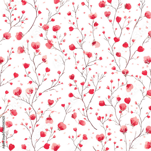 This image shows a seamless floral pattern with delicate red and pink watercolor blossoms and branches scattered across
