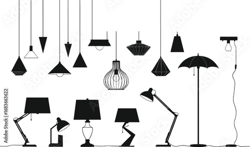 Collection of modern lamp silhouettes including pendant, table, and floor lamps, home interior lighting design, vector illustration, black and white decor elements.