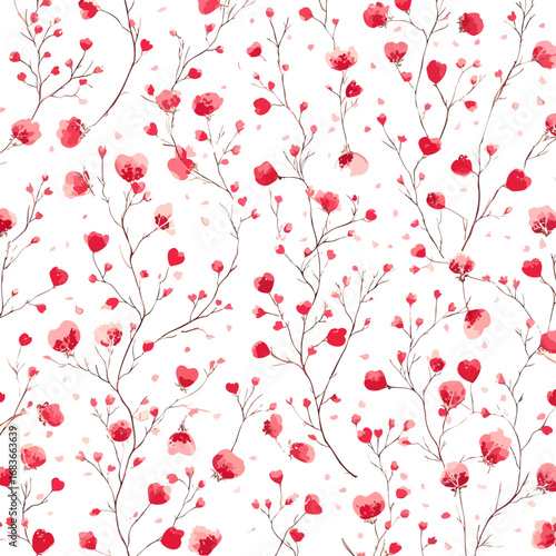 This image shows a seamless floral pattern with delicate red and pink watercolor blossoms and branches scattered across