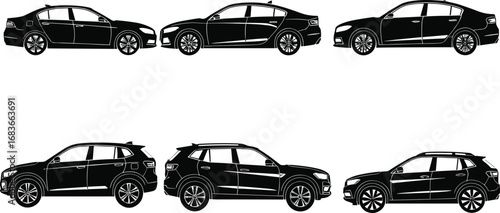 Car silhouette vector set, modern sedan and SUV side view, black vehicle icons, auto design illustration, transport clipart for infographic use