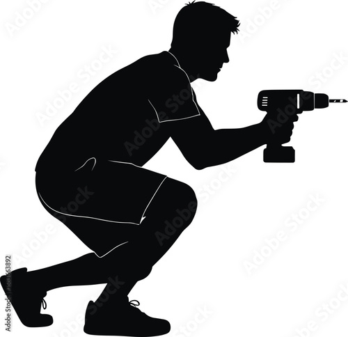 Silhouette of a man crouching and holding a cordless drill, working on a DIY project, home improvement, handyman, vector illustration.