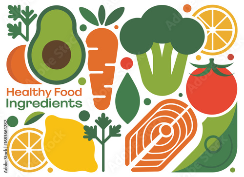 Assortment of Healthy Food Ingredients and Text avocado broccoli