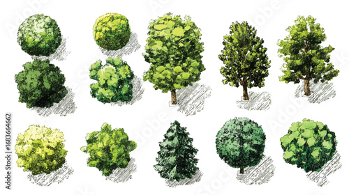 Architectural landscape drawing various trees and shrubs for designing garden plans and elevations demonstrating plant varieties