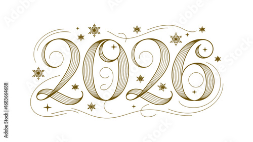 Elegant gold 2026 numerals with decorative stars and swirls  