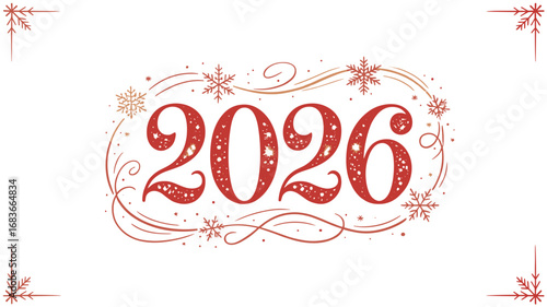 New Year 2026 decorative design with snowflakes and swirls  