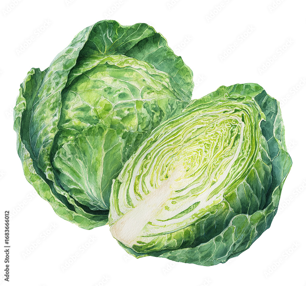 Fototapeta premium Watercolor hand-painted botanical illustration of a halved green cabbage showing inner leafy layers, detailed style, white background.