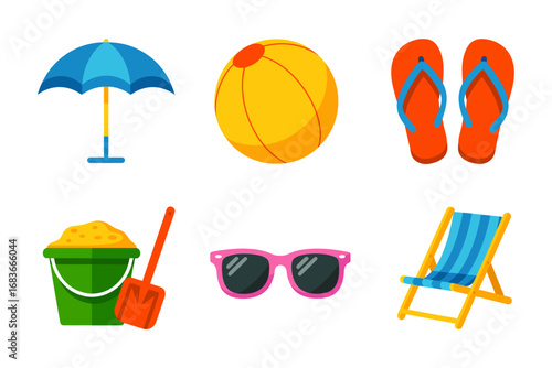Summer beach holiday icons, umbrella, ball, sandals, sunglasses, bucket, shovel, seaside vacation design set, tropical travel graphics,