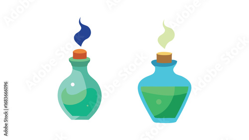 Magical floating potion bottles with glowing mist isolated on white background