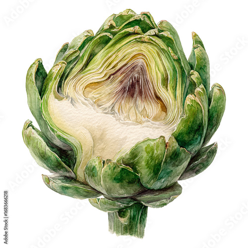 Hand-painted watercolor botanical illustration of a halved artichoke showing inner details, white background.
