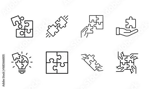 Puzzle and teamwork icon set. Thin line editable stroke icons for solution finding, collaboration, integration, ideas, innovation, strategy, and shared goals. vector illustration eps file