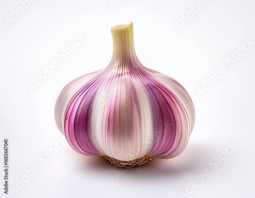 close up of a garlic bulb with pinkish purple streaks isolated on a white background highlighting its smooth rounded shape and natural texture