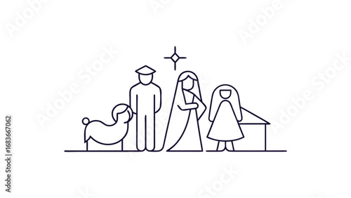 Elegant single line art nativity scene isolated on white background