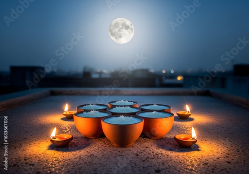 Full Moon Night with Traditional Diyas, Kheer Offerings & City Lights for Indian Festival. AI Generated 