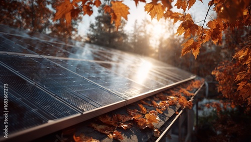 Renewable Energy Concept with Solar Panels on House Roof and Autumn Sunlight Filtering Through Foliage