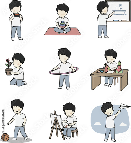 Black and White Illustrations of a Child's Activities