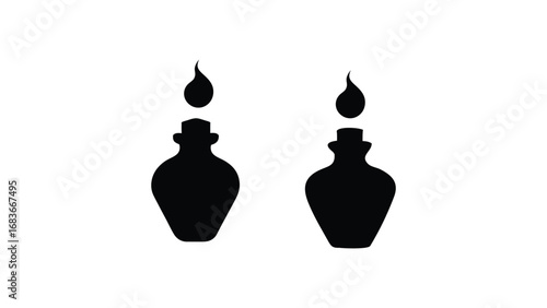 Silhouette floating potion bottles with glowing effects isolated on white background