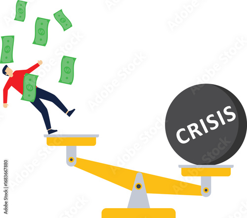 Huge Ball Unbalance Businessman on Seesaw, Business Finance and Economic Global Crisis Concept


