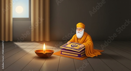 Guru Nanak Dev Ji with Sri Guru Granth Sahib and Lit Diya in Reverent Setting. AI Generated 