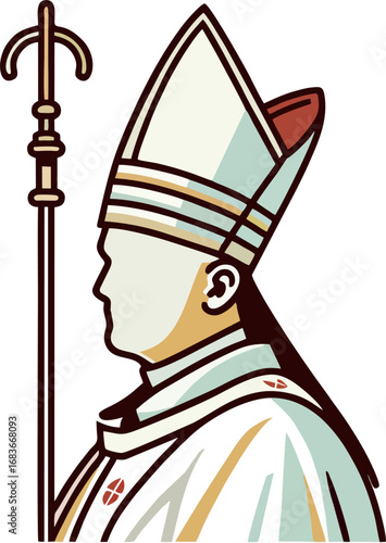 Stylized Bishop Profile Vector Illustration with Mitre and Crozier | Religious Leader Icon