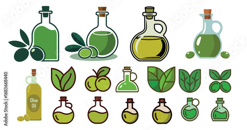 Olive Oil Bottles and Olive Branch Icons liquid food