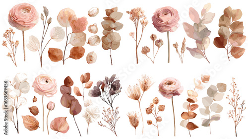 Delicate watercolor dried flowers and leaves in neutral brown and blush tones. Ideal for boho wedding design, autumn decor, and minimal stationery.