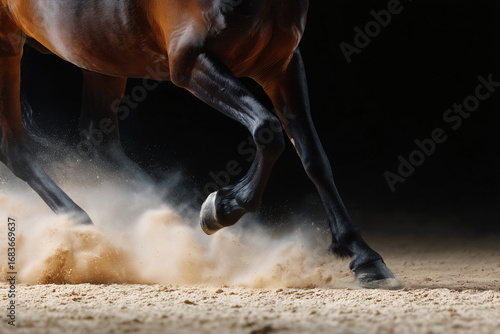 The dynamic movement of a horse as it gallops, kicking up a cloud of sand or dirt