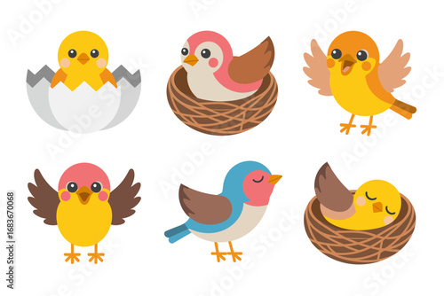 Poultry icon set vector illustrations, chicks hatching eggs, birds in nests, mother hen care scenes, farm life graphics