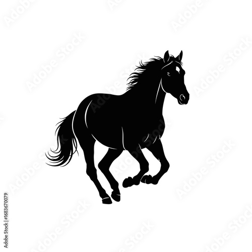 Black silhouette of a galloping horse on a white background, an illustration.