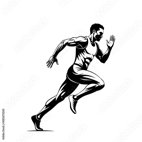 A dynamic black and white illustration of a muscular male athlete in full stride during a sprint race, showcasing intense focus and powerful movement.