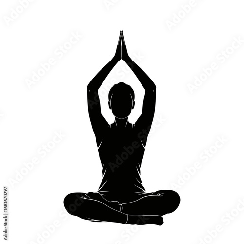 Silhouette of a person in a seated yoga pose with hands raised above the head.