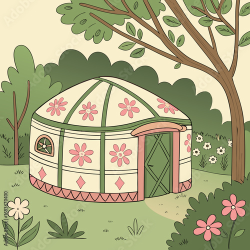 Charming illustrated yurt decorated with pink flowers nestled in a lush green forest setting
