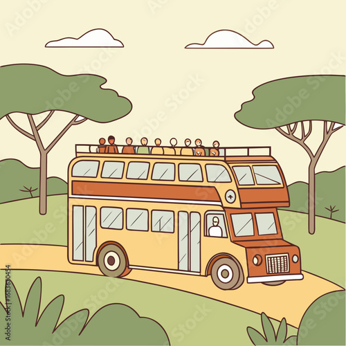 Double decker tour bus driving through a scenic landscape with passengers enjoying the view