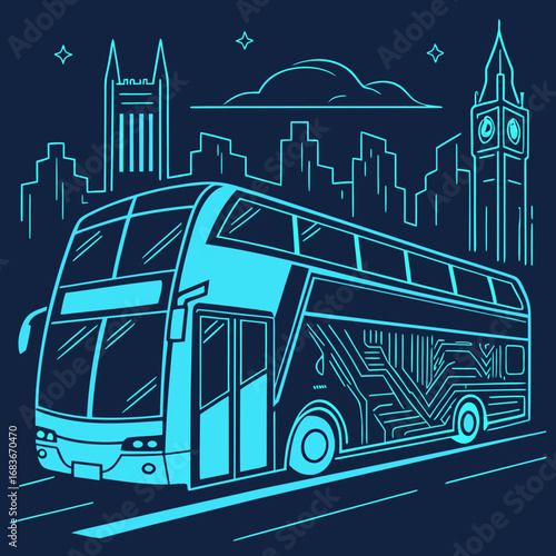 Futuristic electric double decker bus driving through a stylized london skyline at night