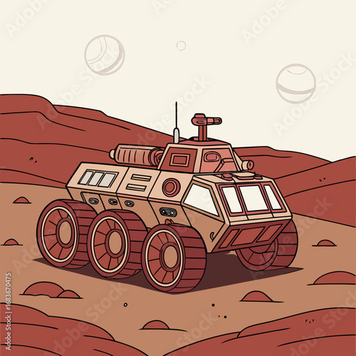 Futuristic six wheeled rover exploring a desolate alien planet landscape with two moons in the sky