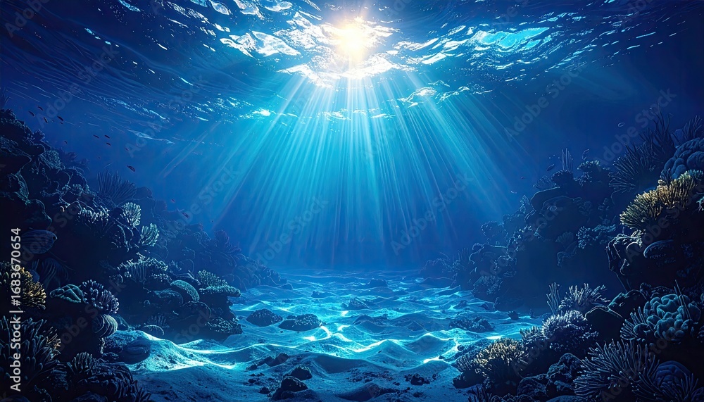 Fototapeta premium Underwater coral reef scene, sunlight beams through water