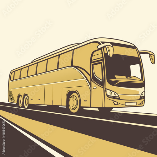Stylized illustration of a modern yellow tour bus traveling on a road with brown and white lines