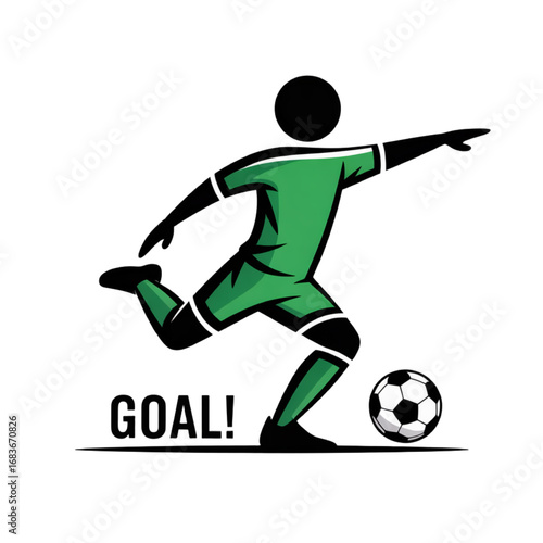Soccer player kicking ball with goal text