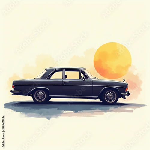 Classic Coupe Silhouette: An iconic coupe car, rendered in a minimalist style, takes center stage against a soft, painted backdrop evoking warmth and nostalgia.
