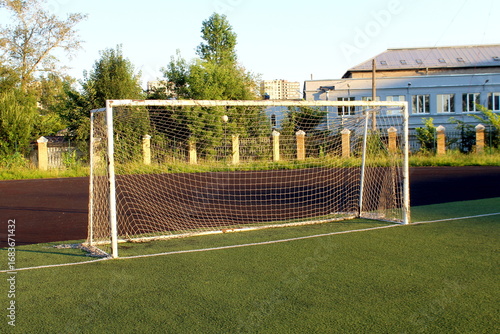There are goals for amateur football in the football field.