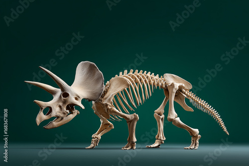 An ancient triceratops skeleton displayed on a vibrant background, perfect for paleontological enthusiasts and educational materials. The skeletal remains stand as a testament to prehistoric life
