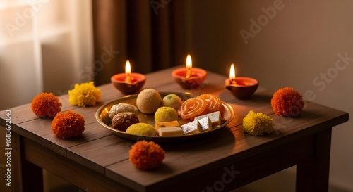 Festive Diwali Setup: Traditional Indian Sweets, Lit Diyas, Marigold Flowers. AI Generated 