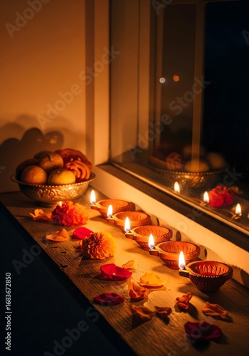 Traditional Diwali Diyas and Sweets by Window at Night, Festive Indian Celebration. AI Generated 