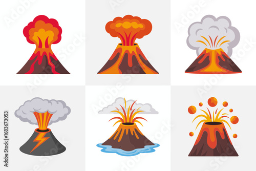 Lava volcano eruption vector illustrations, fiery magma flow, exploding mountain set, ash cloud graphics, geology natural disaster design icons