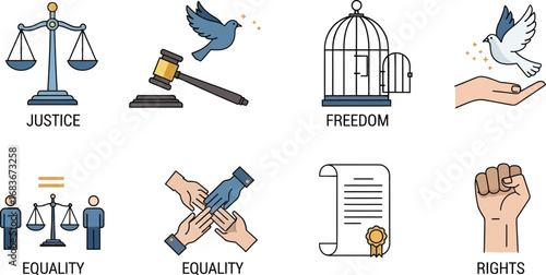 Conceptual icons for justice freedom equality and human rights