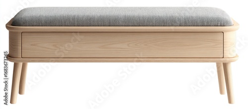 Light-colored wooden bench with gray upholstered seat and storage