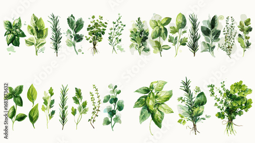 Fresh watercolor herb set featuring basil, rosemary, mint, oregano, thyme, and parsley. Perfect for culinary design, packaging, and botanical illustration.