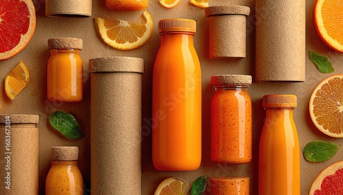 Citrus juice drinks in craft containers, flat lay