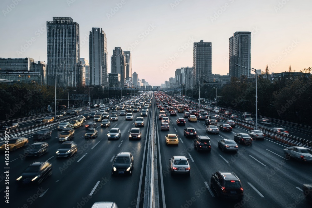 Naklejka premium Aerial urban highway traffic pattern, multiple lanes full of cars, transportation congestion concept, city road planning and mobility infrastructure design top view