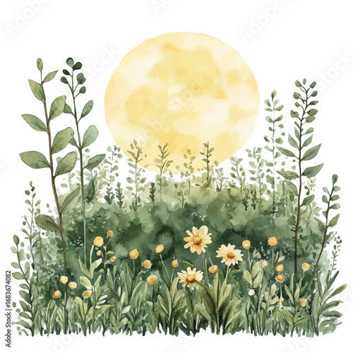 Sunshine And Flowers, watercolor drawing vector, isolated on a white background.