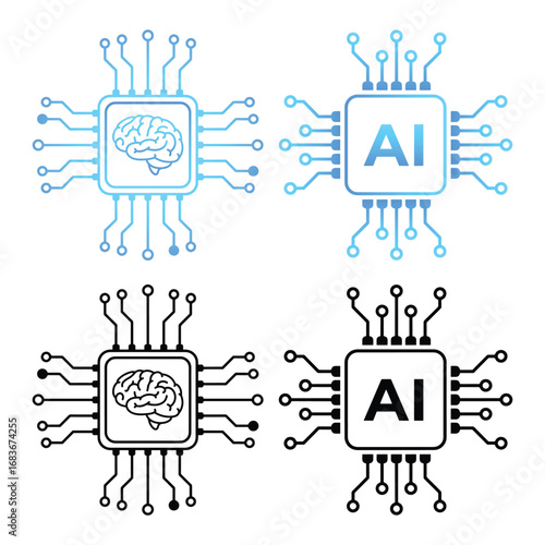 A set of Artificial Intelligence AI icons, featuring a brain and CPU on a computer chip in both line art and solid styles vector illustration